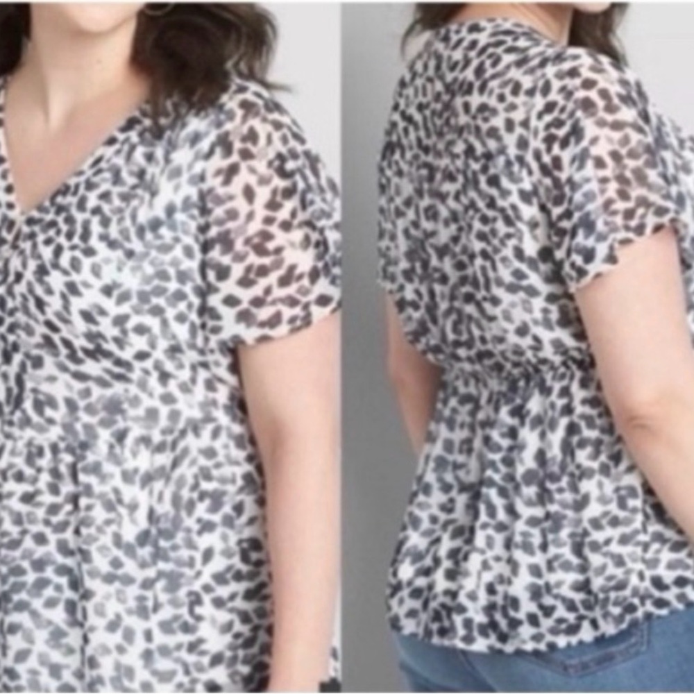 Lane Bryant White and Gray Leopard Print V-Neck Peplum Blouse